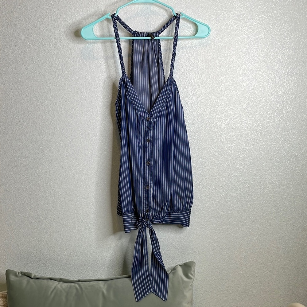 1250 C striped tencel braided strap button down tie tank top